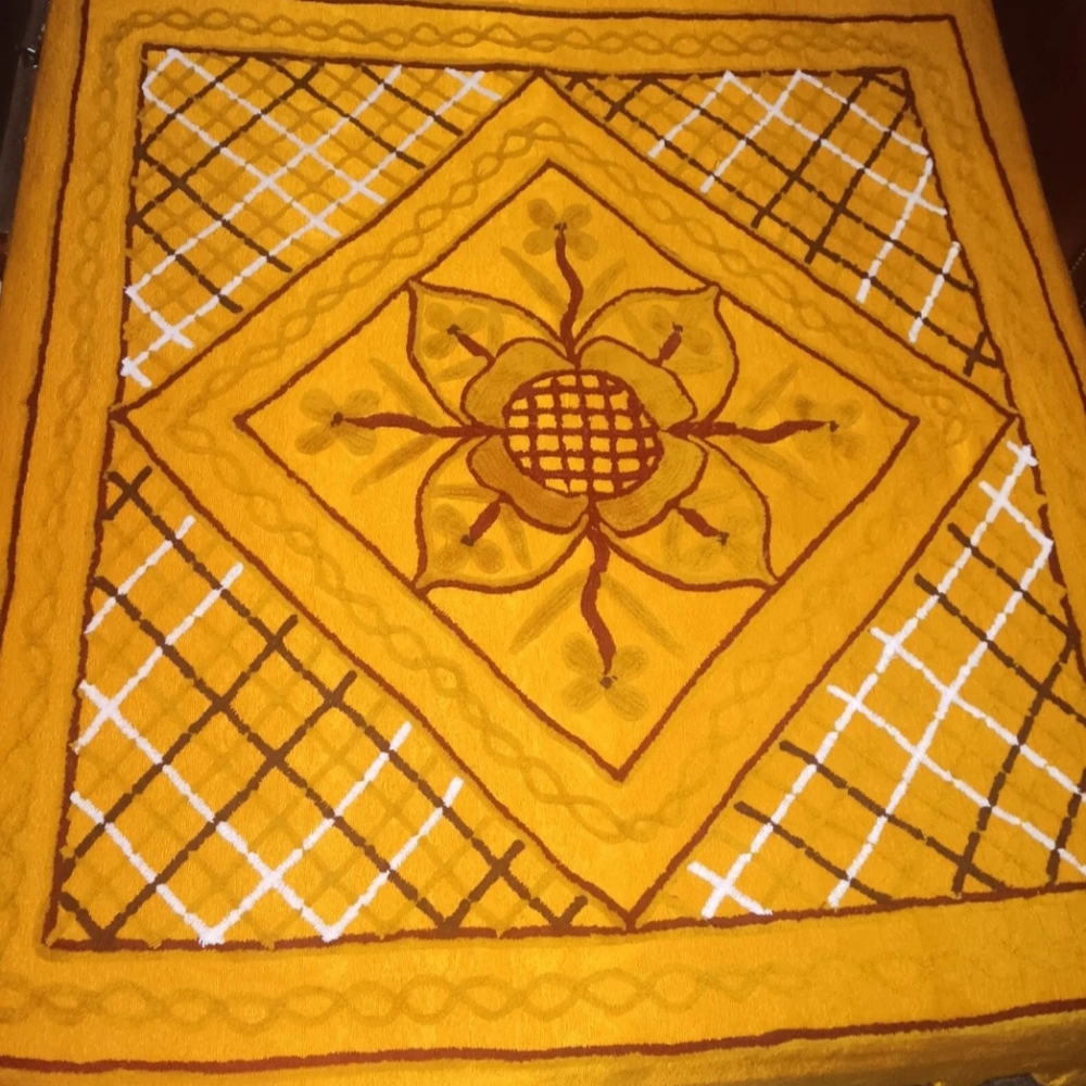VTG 1960s Chenille Rayon Gold Yellow, Green, White, Brown Rayon Blanket 80"x70"